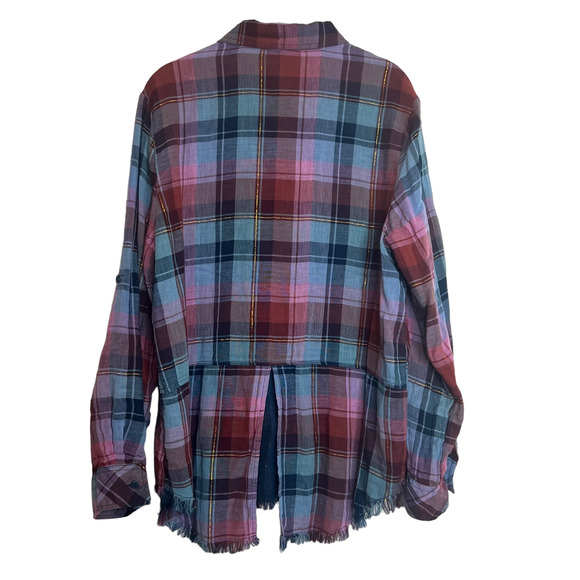 BeachLunchLounge Womens Button Up Shirt Large Blue Pink Plaid Frayed Hem Cotton - Picture 4 of 6